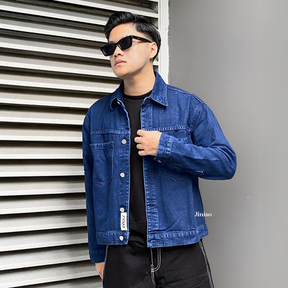 JINISO Pria Jaket Jeans Oversize Casual Blue Black