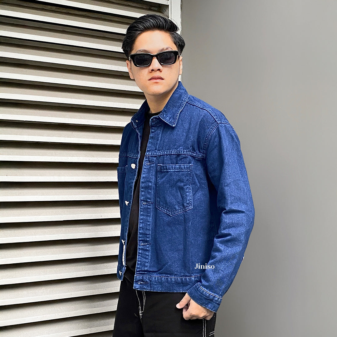 JINISO Pria Jaket Jeans Oversize Casual Blue Black