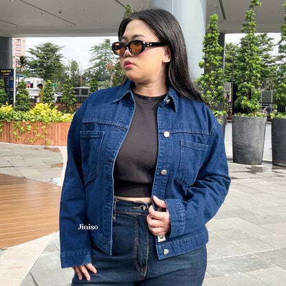 JINISO Big Size Jaket Jeans Oversize Casual Blue Black