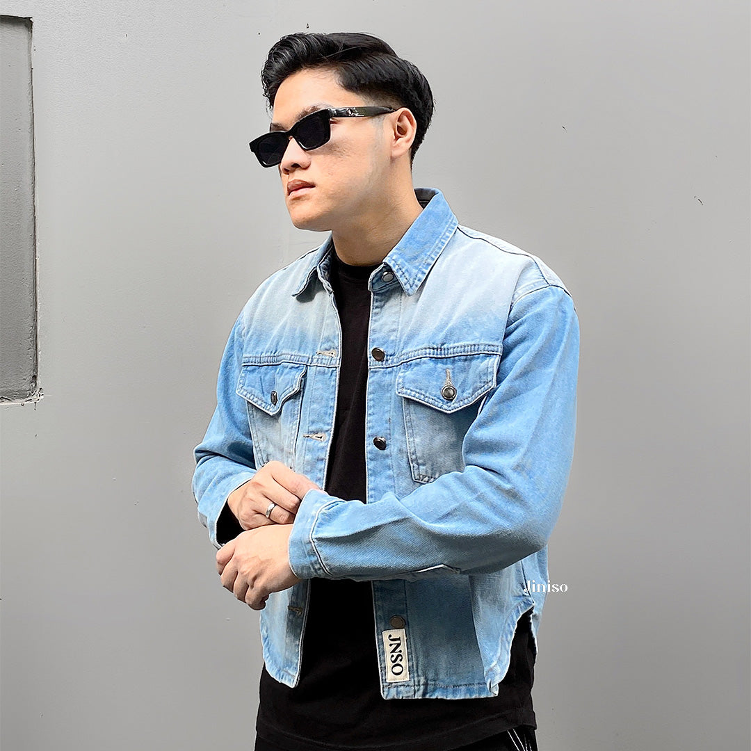 JINISO Pria Jaket Jeans Oversize Rider Light Blue Denim