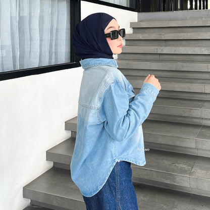JINISO Jaket Jeans Oversize Rider Light Blue Denim