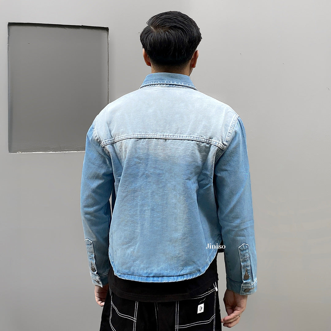 JINISO Pria Jaket Jeans Oversize Rider Light Blue Denim