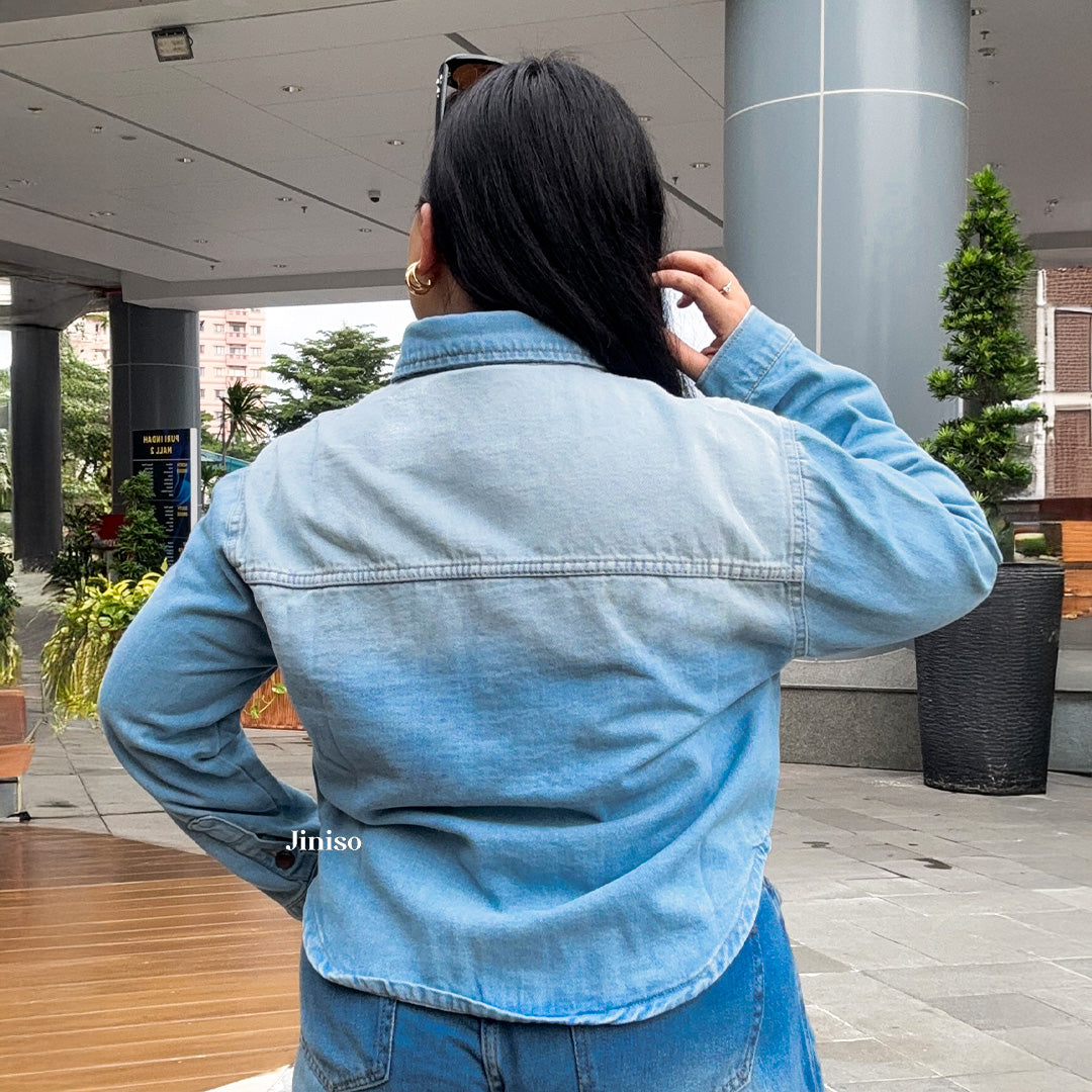 JINISO Big Size Jaket Jeans Oversize Rider Light Blue Denim