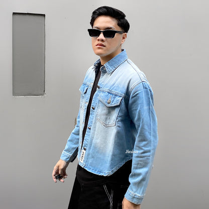 JINISO Pria Jaket Jeans Oversize Rider Light Blue Denim