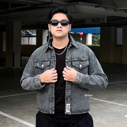 JINISO Pria Jaket Jeans Oversize Rider Snow Grey