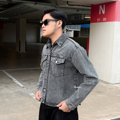 JINISO Pria Jaket Jeans Oversize Rider Snow Grey