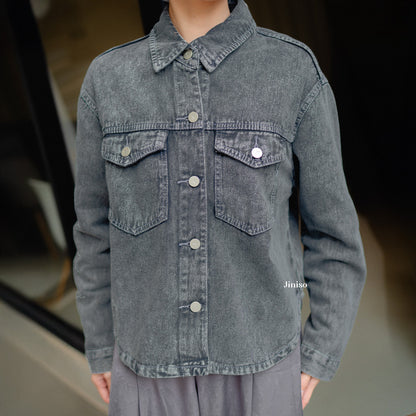 JINISO Jaket Jeans Oversize Rider Snow Grey