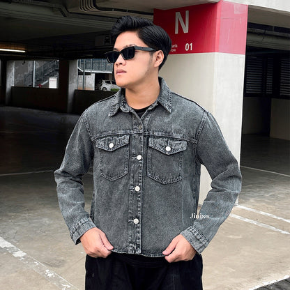 JINISO Pria Jaket Jeans Oversize Rider Snow Grey