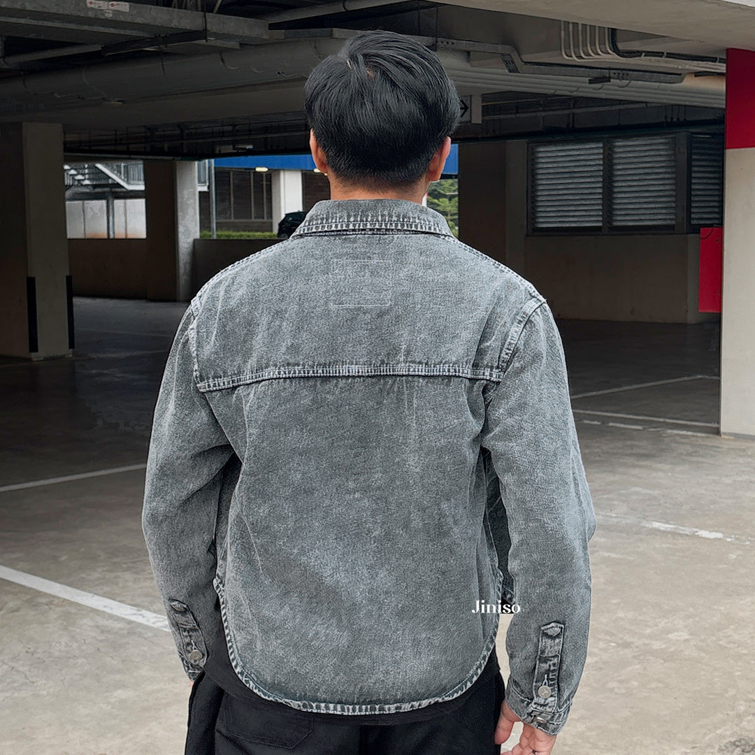 JINISO Pria Jaket Jeans Oversize Rider Snow Grey