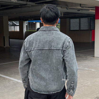 JINISO Pria Jaket Jeans Oversize Rider Snow Grey