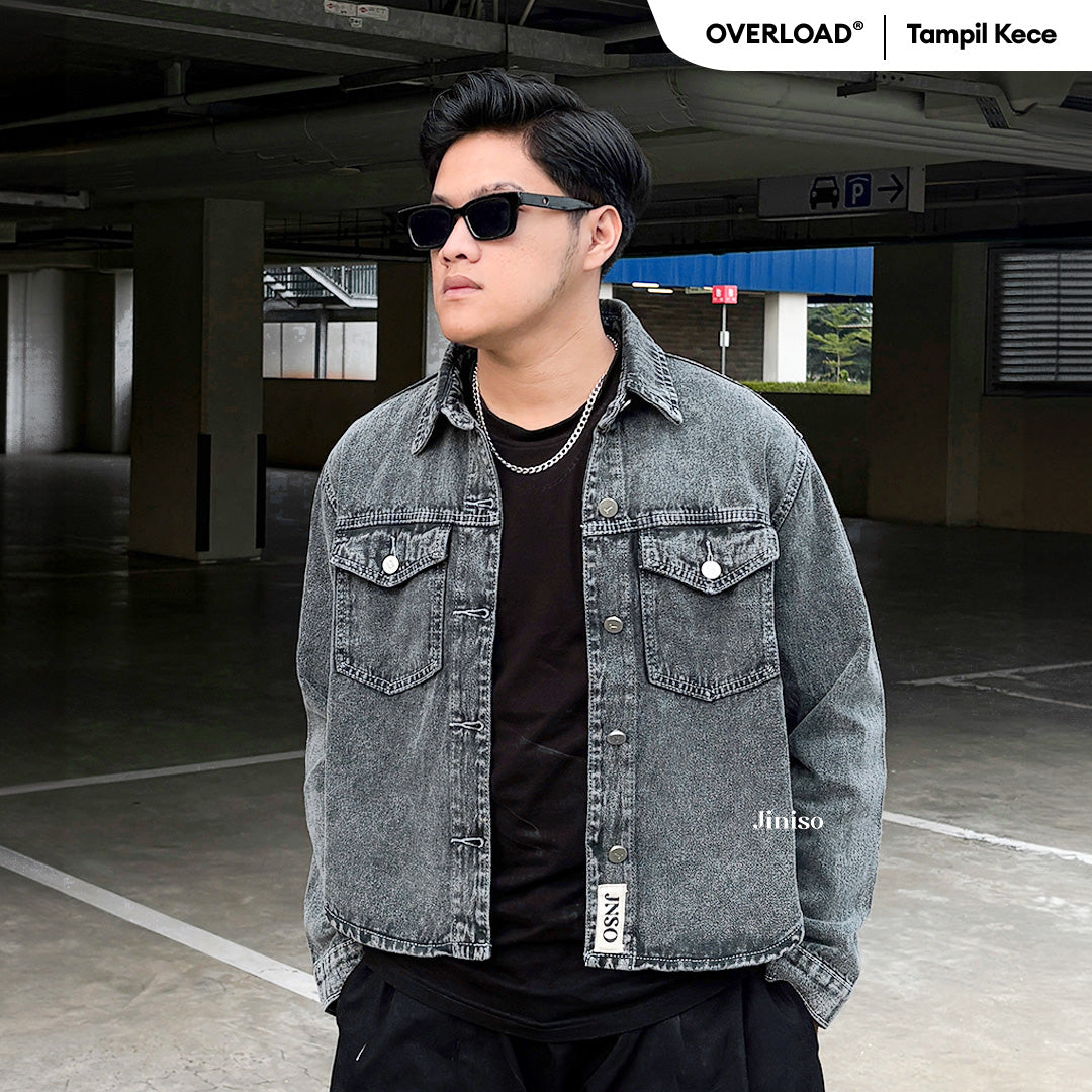 JINISO Pria Jaket Jeans Oversize Rider Snow Grey