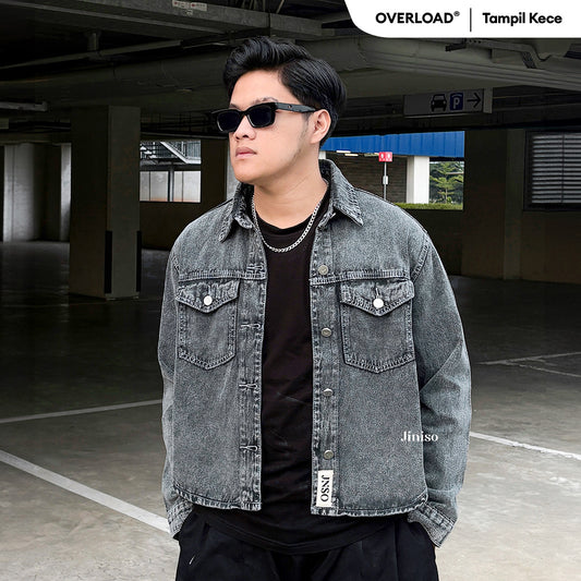 JINISO Pria Jaket Jeans Oversize Rider Snow Grey