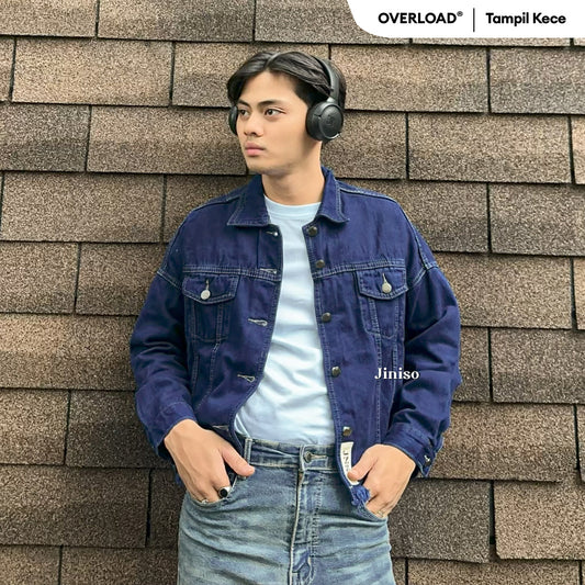 JINISO Pria Jaket Jeans Oversize Raw Trucker Blue Black