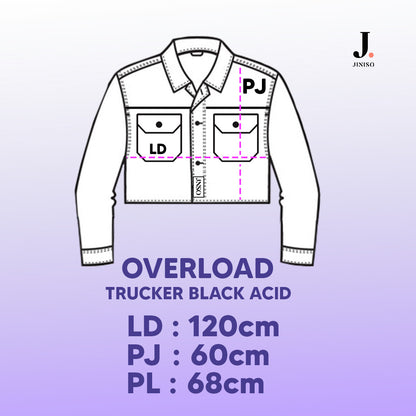 JINISO Pria Jaket Jeans Oversize Raw Trucker Black Acid