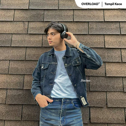 JINISO Pria Jaket Jeans Oversize Raw Trucker Black Acid