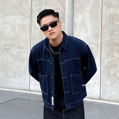 JINISO Pria Jaket Jeans Oversize Nomad Pocket Blue Black