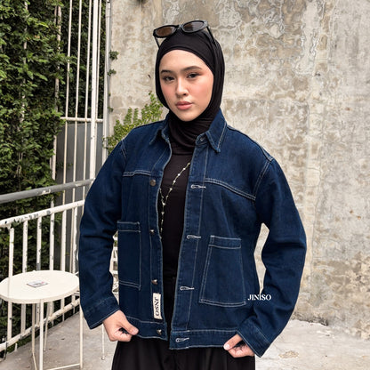 JINISO Jaket Jeans Oversize Nomad Pocket Blue Black