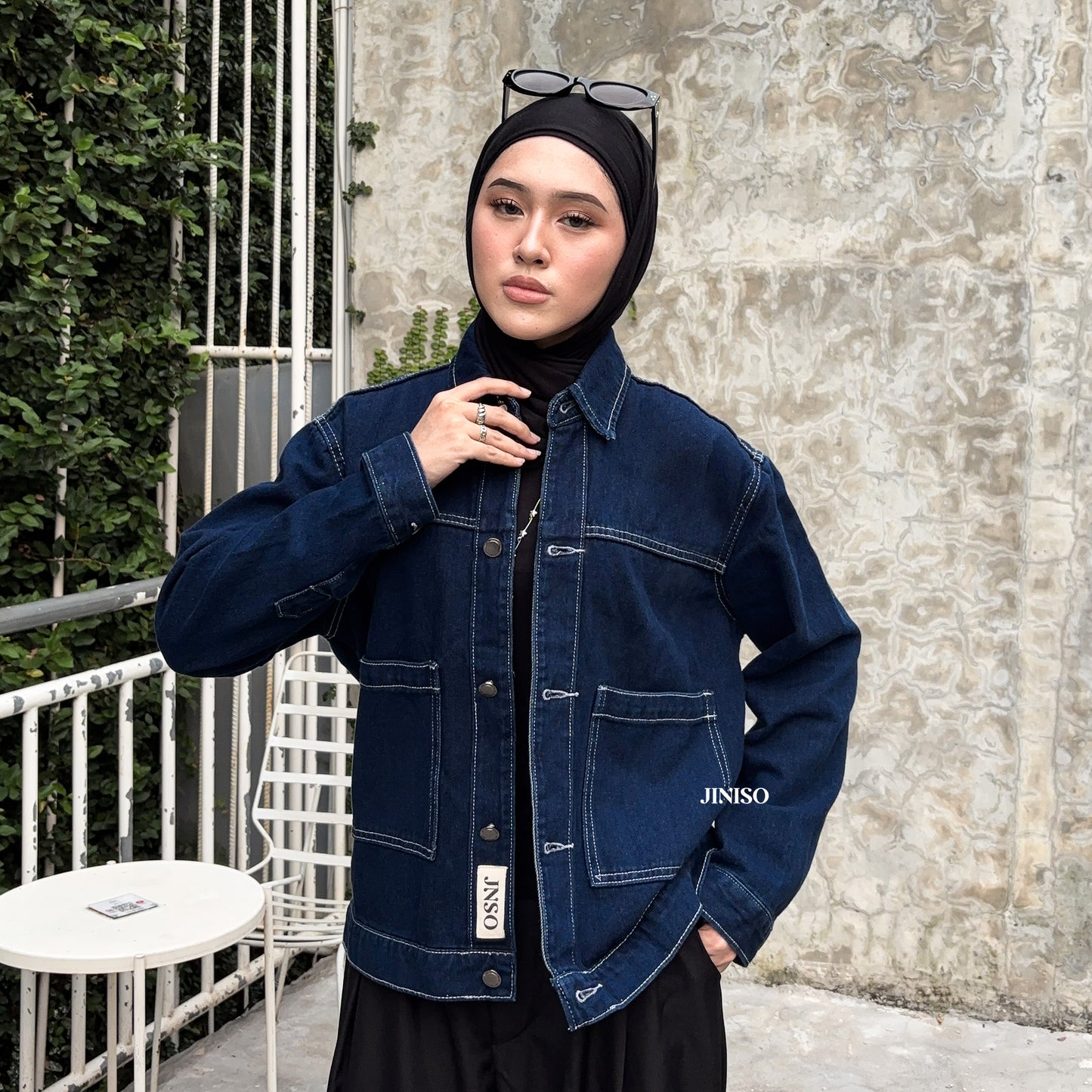 JINISO Jaket Jeans Oversize Nomad Pocket Blue Black