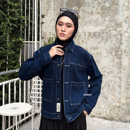 JINISO Jaket Jeans Oversize Nomad Pocket Blue Black