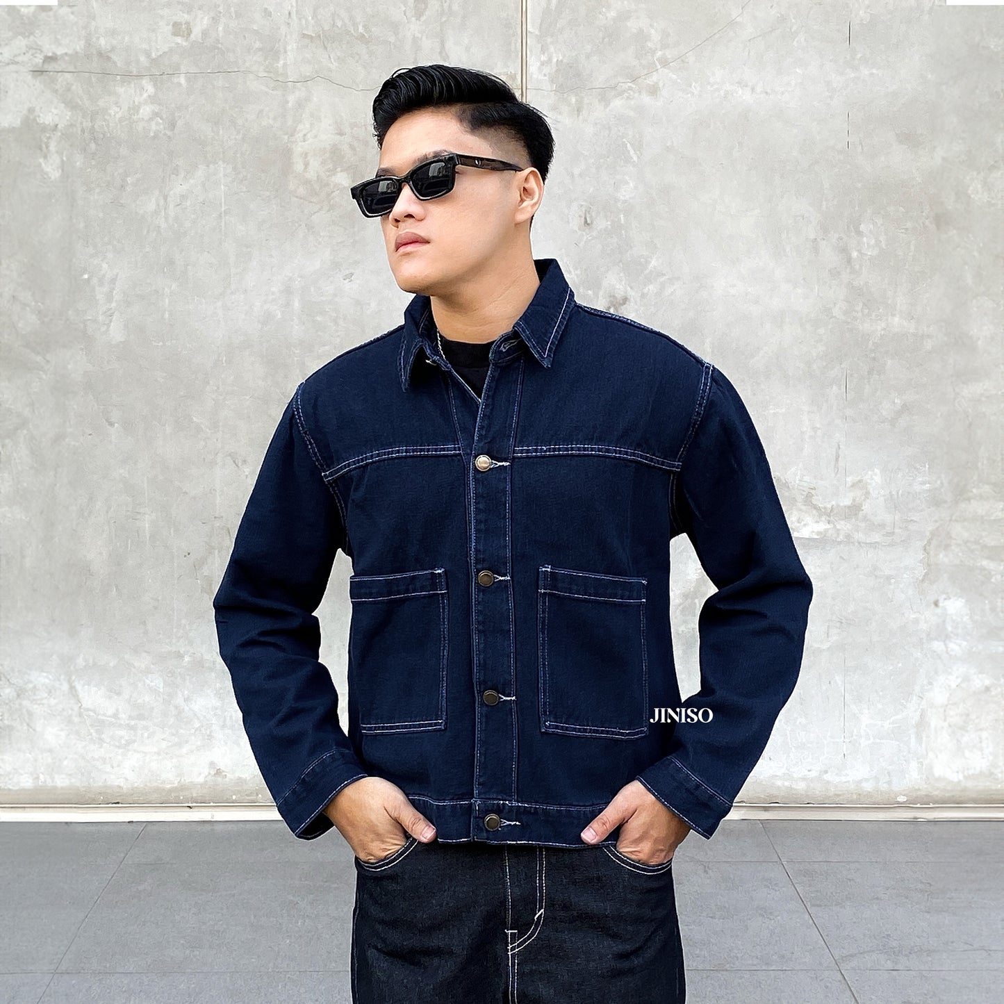 JINISO Pria Jaket Jeans Oversize Nomad Pocket Blue Black