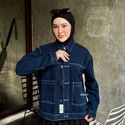 JINISO Jaket Jeans Oversize Nomad Pocket Blue Black