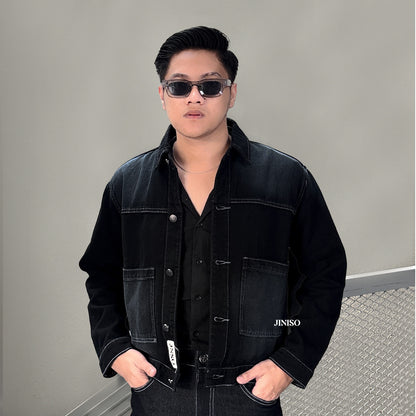 JINISO Pria Jaket Jeans Oversize Nomad Pocket Black Wash