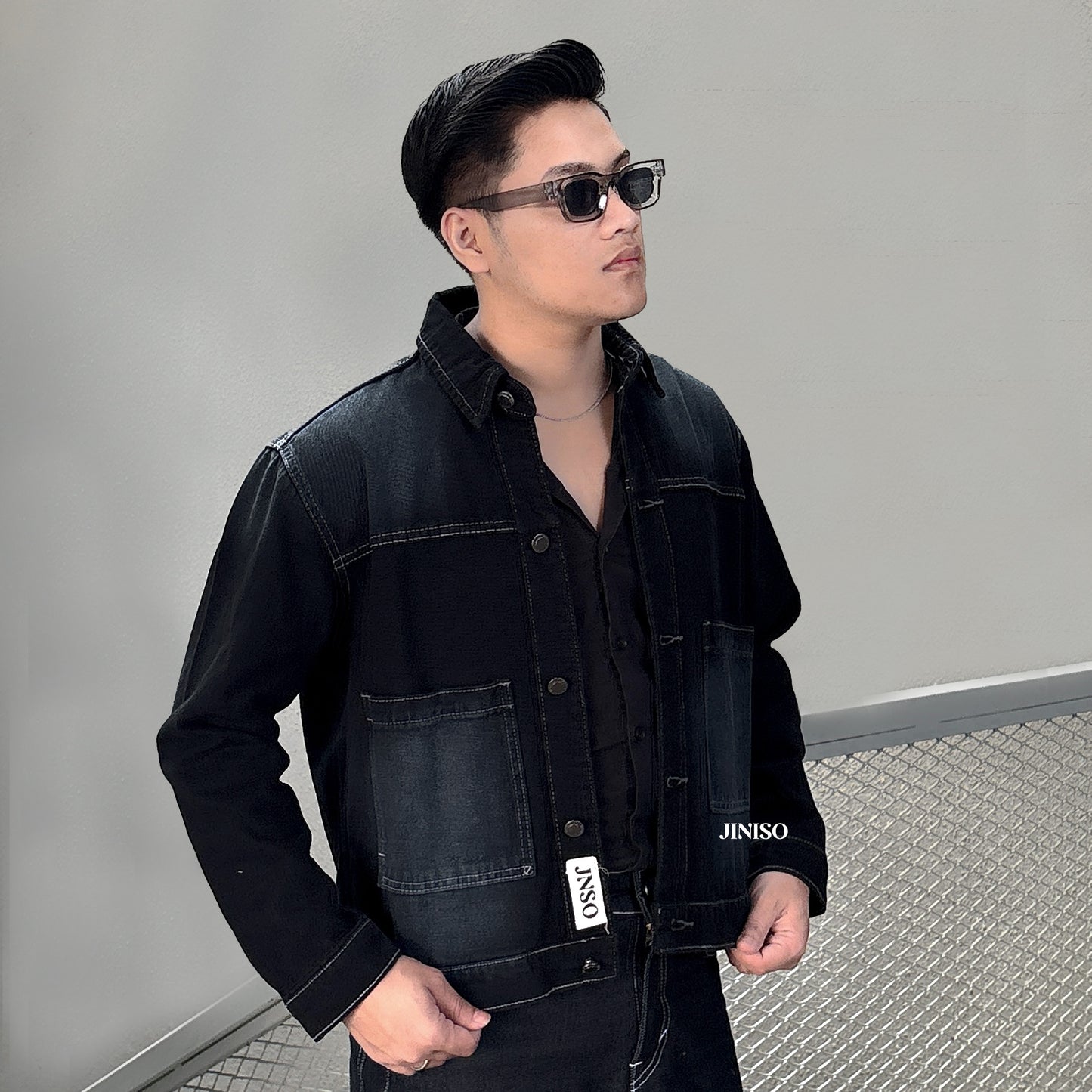 JINISO Pria Jaket Jeans Oversize Nomad Pocket Black Wash