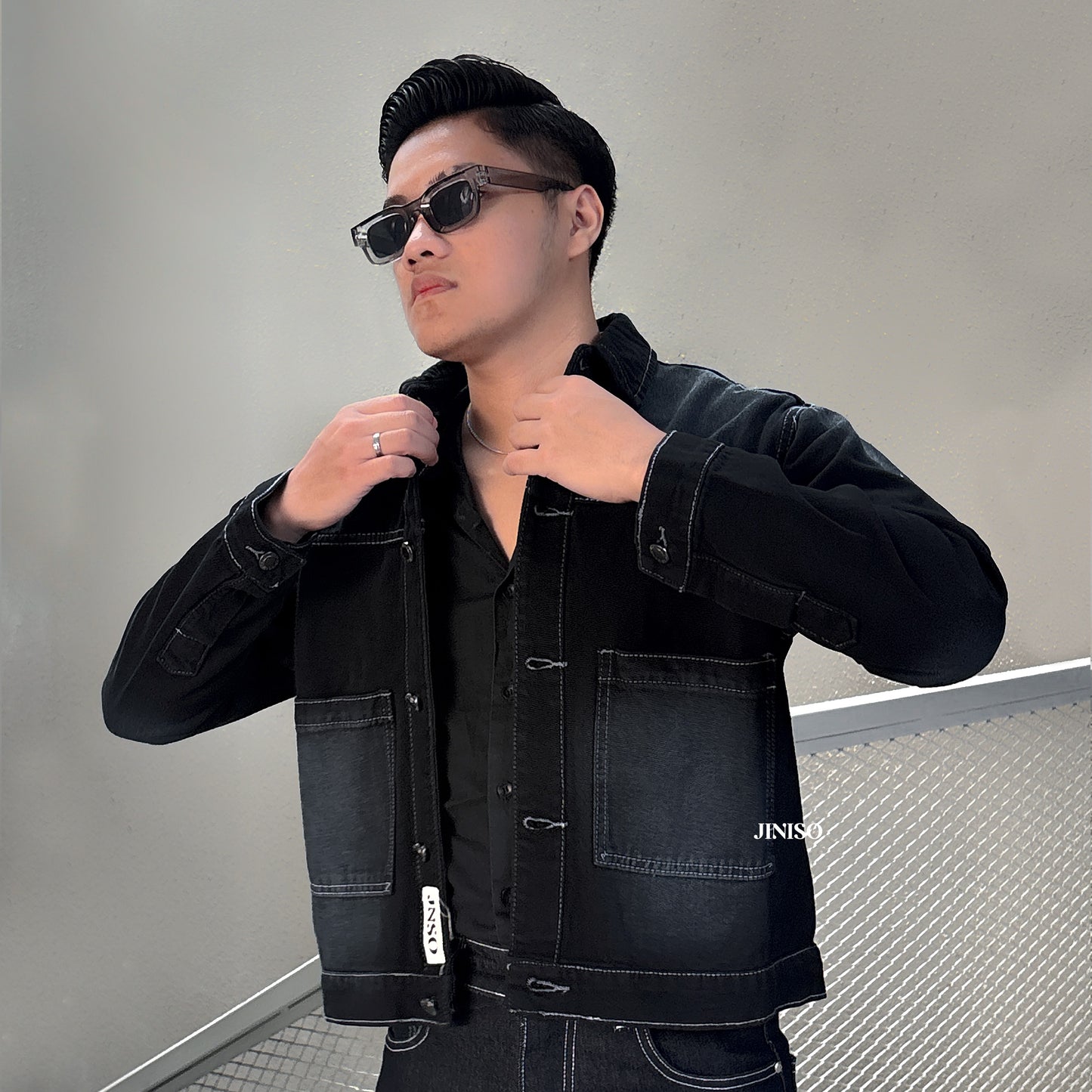 JINISO Pria Jaket Jeans Oversize Nomad Pocket Black Wash