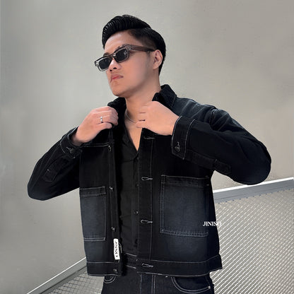 JINISO Pria Jaket Jeans Oversize Nomad Pocket Black Wash