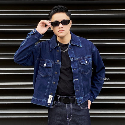 JINISO Pria Jaket Jeans Oversize Origin Blue Black