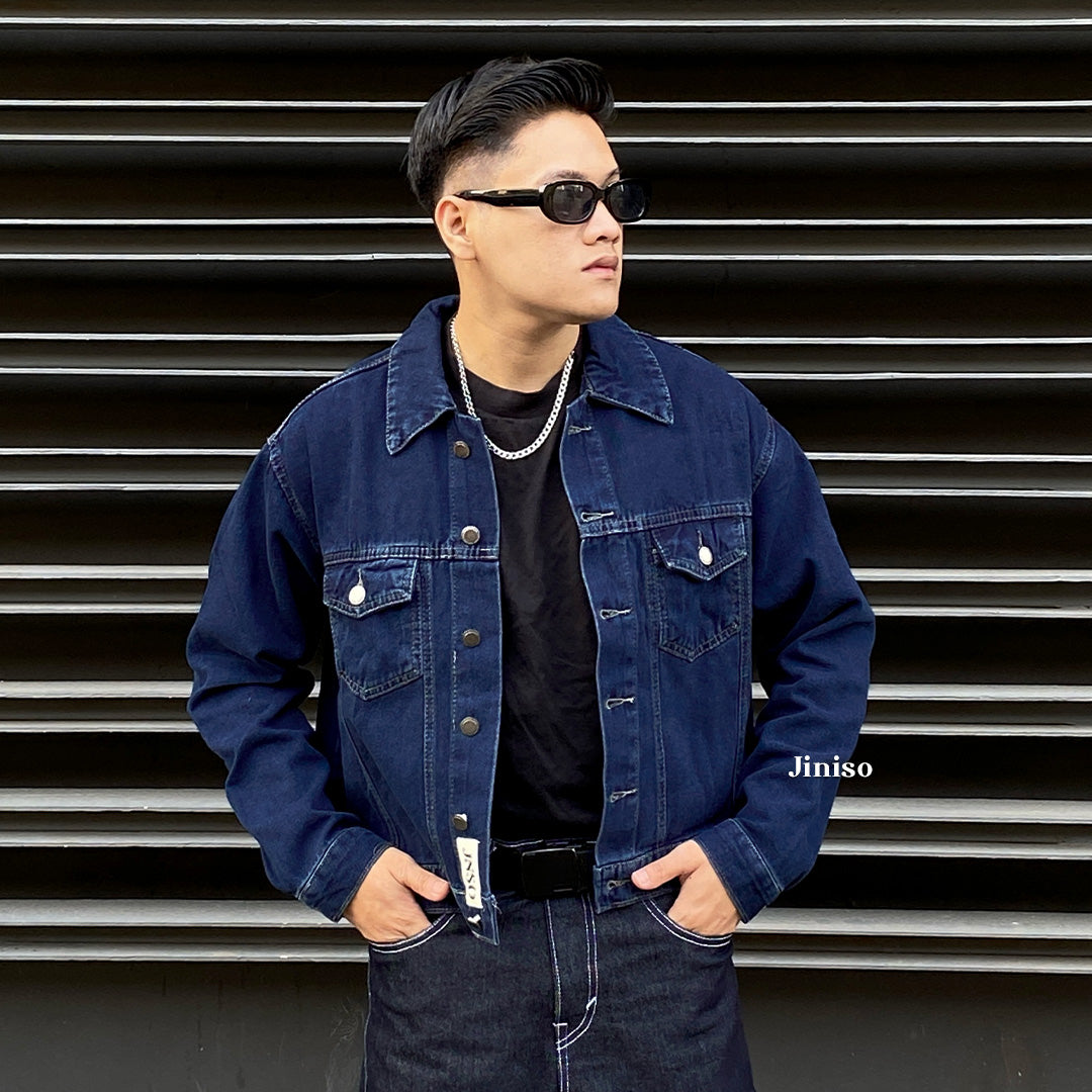 JINISO Pria Jaket Jeans Oversize Origin Blue Black