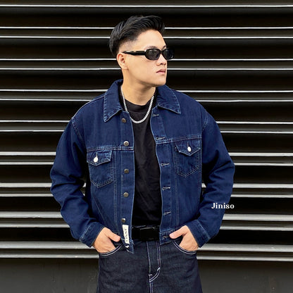 JINISO Pria Jaket Jeans Oversize Origin Blue Black