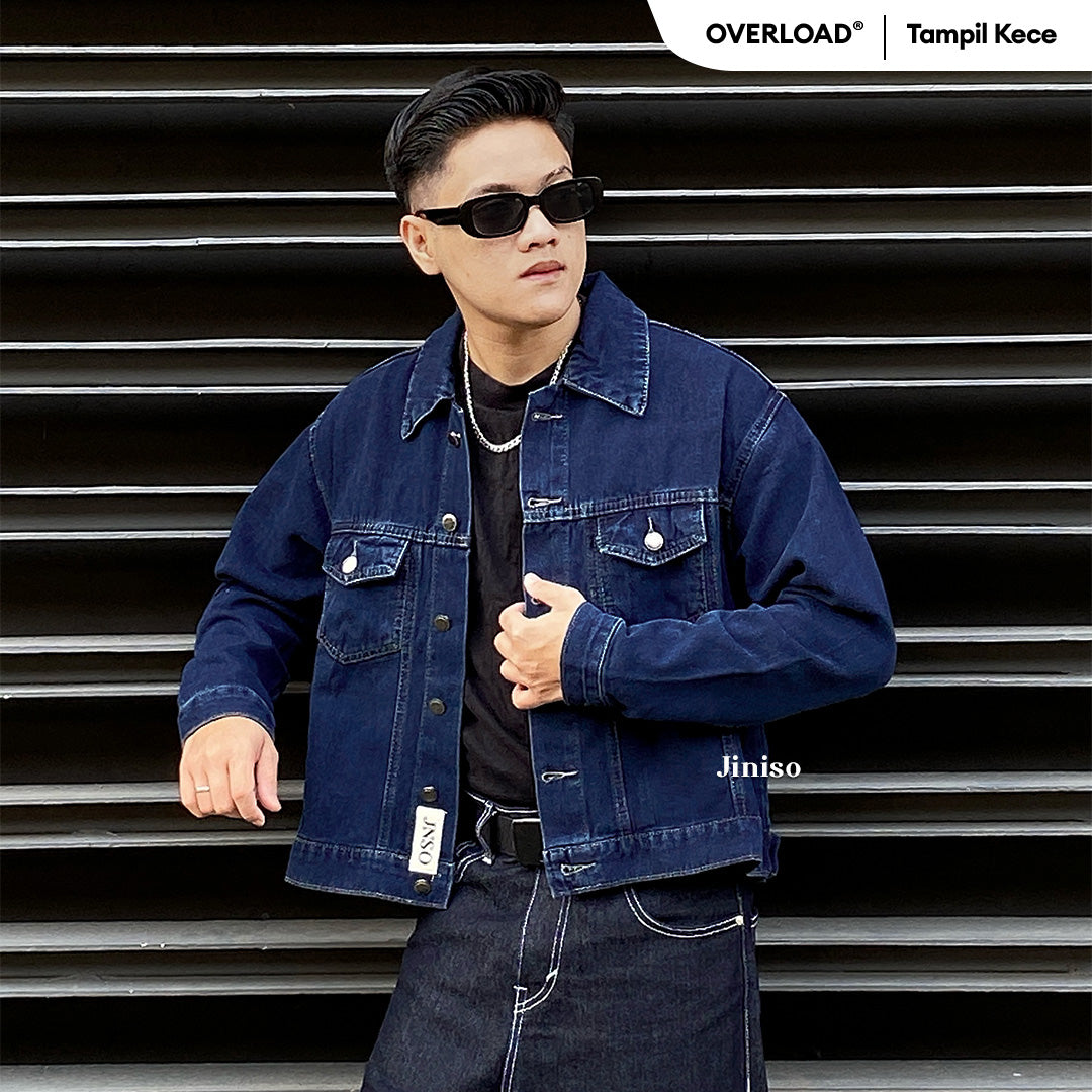 JINISO Pria Jaket Jeans Oversize Origin Blue Black