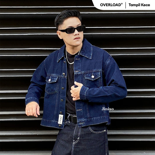 JINISO Pria Jaket Jeans Oversize Origin Blue Black