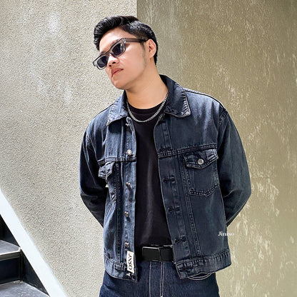 JINISO Pria Jaket Jeans Oversize Origin Black Acid