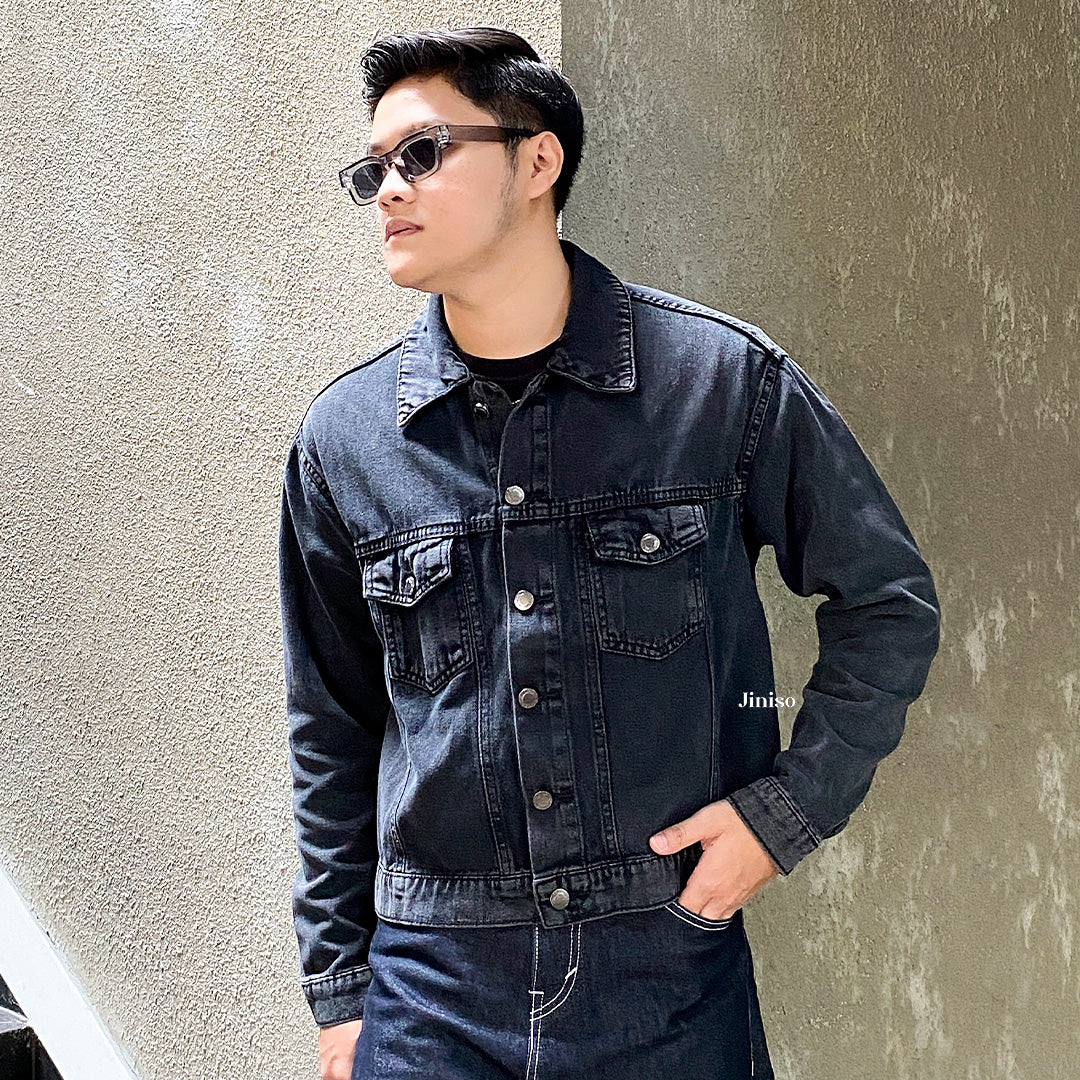 JINISO Pria Jaket Jeans Oversize Origin Black Acid