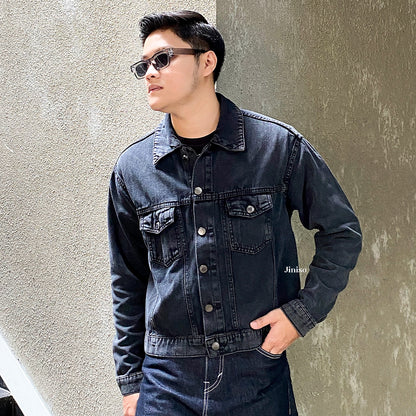 JINISO Pria Jaket Jeans Oversize Origin Black Acid