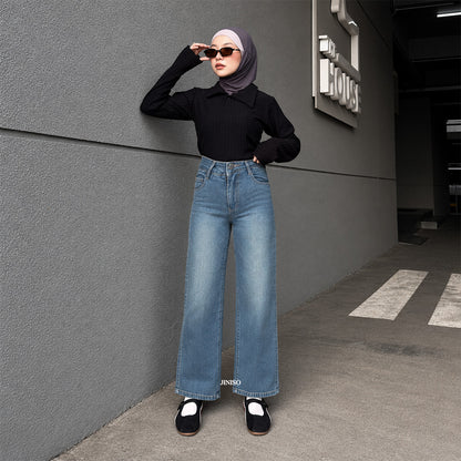 JINISO - Celana Jeans Highwaist Loose Stretch Regular dan Petite Wanita