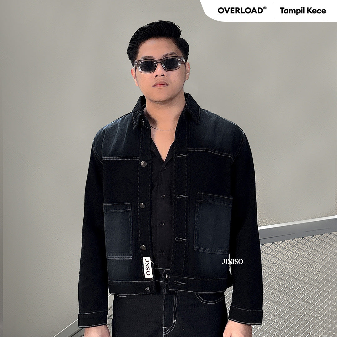 JINISO Pria Jaket Jeans Oversize Nomad Pocket Black Wash