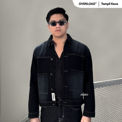 JINISO Pria Jaket Jeans Oversize Nomad Pocket Black Wash