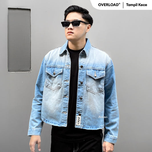 JINISO Pria Jaket Jeans Oversize Rider Light Blue Denim