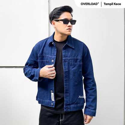 JINISO Pria Jaket Jeans Oversize Casual Blue Black