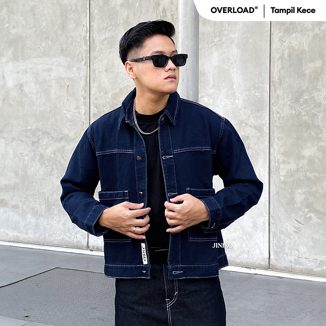 JINISO Pria Jaket Jeans Oversize Nomad Pocket Blue Black