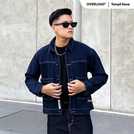 JINISO EVERYDAY - Pria Jaket Jeans Oversize Nomad Pocket Blue Black