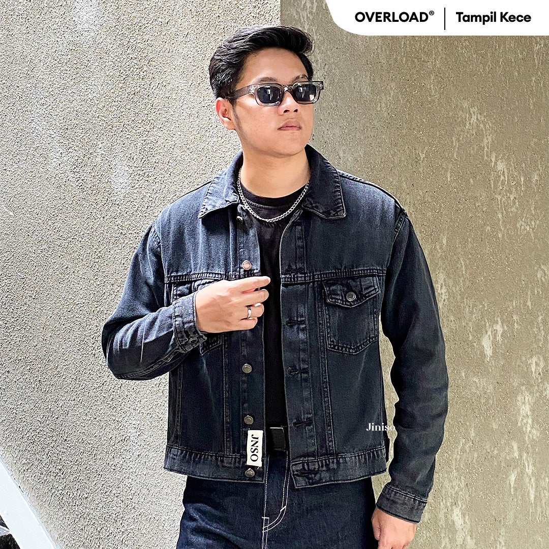 JINISO Pria Jaket Jeans Oversize Origin Black Acid