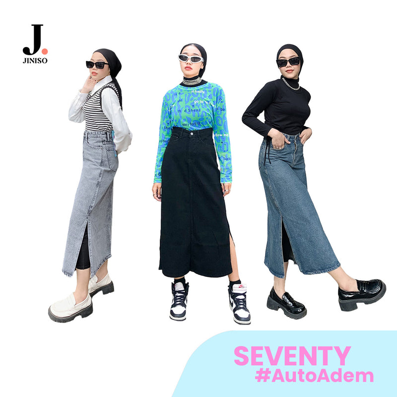 JINISO - Highwaist Rok Slit Seventy Jeans Panjang