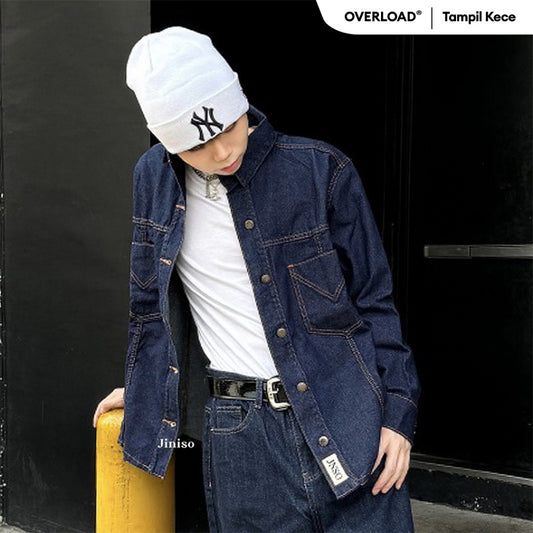 JINISO Pria Jaket Jeans Oversize Safari Bio Wash
