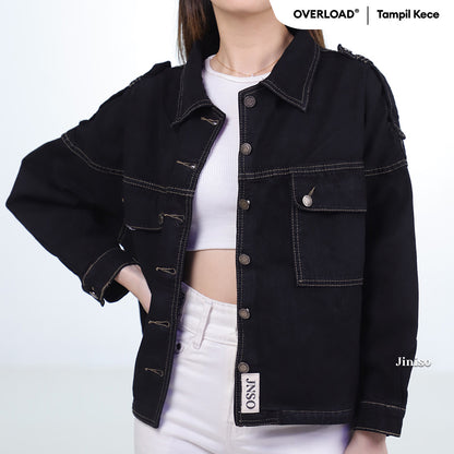 JINISO Jaket Crop Jeans Oversize Pocket Black Oreo Gold