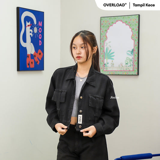 JINISO Jaket Crop Jeans Oversize Boxy Black
