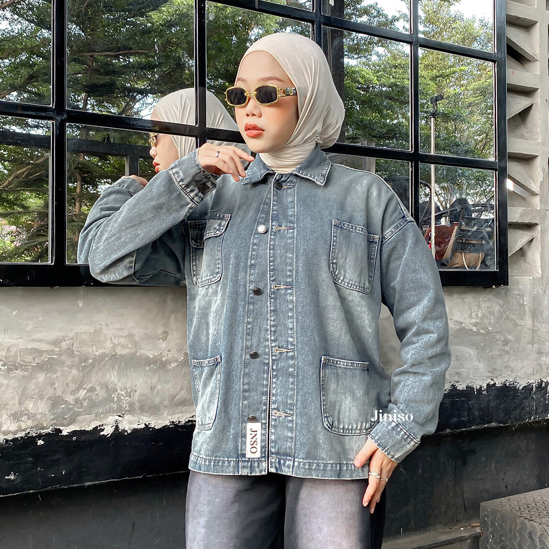 JINISO Jaket Denim Jeans Oversize WorkWear Blue Washed